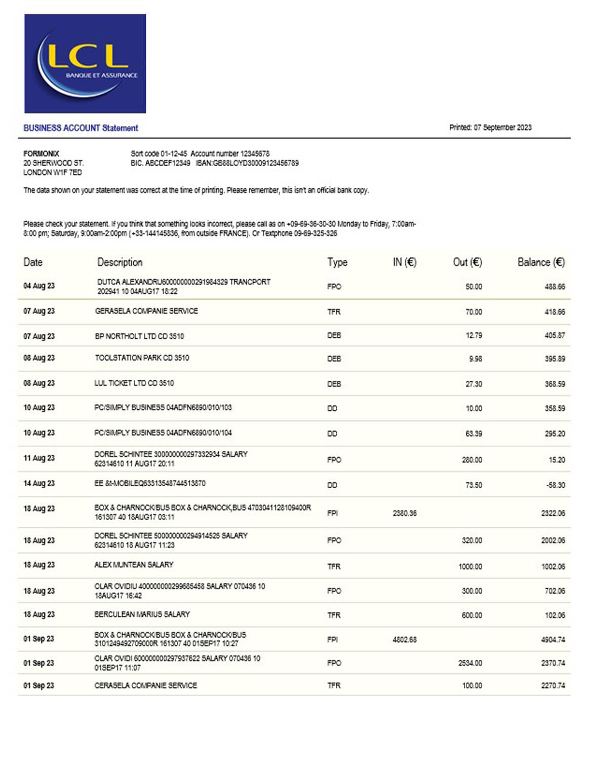 LCL Bank business statement Word and PDF template download template